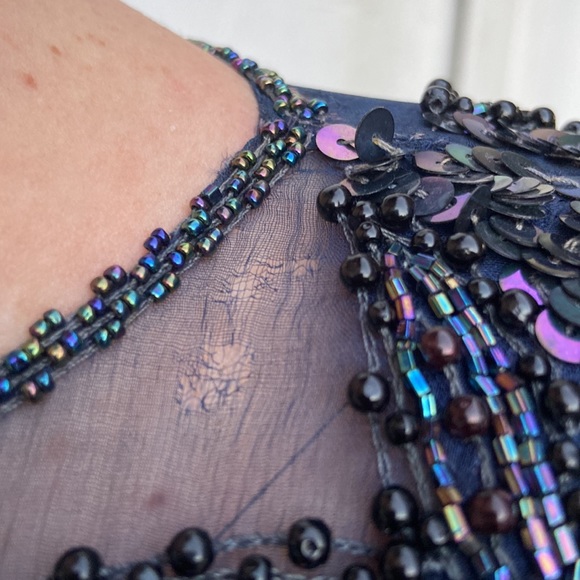 Vintage Iridescent Navy Sea Green Sequined Beaded Long Sleeve Slit Maxi Dress! - Picture 7 of 9